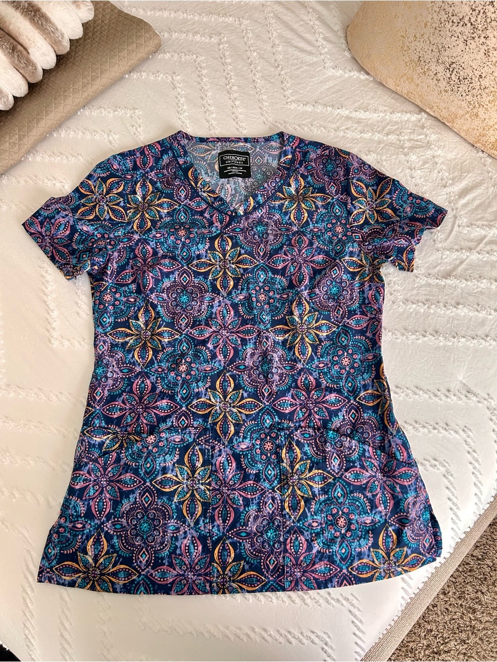 Cherokee Pink Orange and Blue Floral-Pattern Short Sleeve Scrub Top